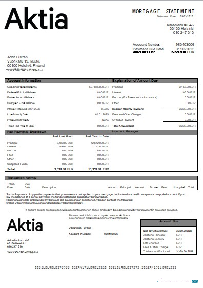 Download Finland Aktia Bank mortgage statement scr Photoshop template